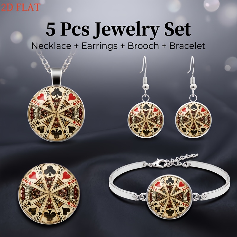 5pc Playing Card Themed Women's Jewelry Set, Necklace & Earrings